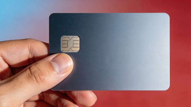 A person holds a modern credit card with a chip. The card is gray with a sleek design. The background features a gradient of red and blue colors.