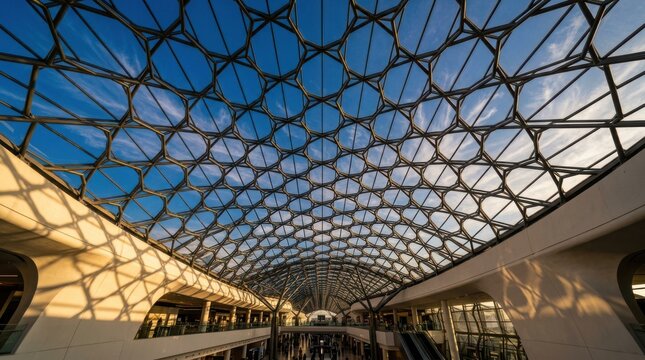Futuristic glass dome architecture with geometric steel frame, modern airport terminal interior under blue sky, contemporary building design with circular patterns and sunlight shadows, 4k