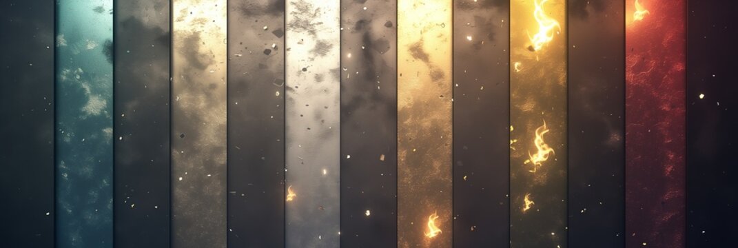 Dramatic dark textured vertical stripe panel backdrop, glowing fiery flame with floating ember spark particles, grunge rugged industrial style design, contrasting warm cool tones