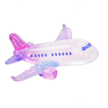 Glossy 3D airplane illustration, translucent purple glass aircraft, miniature toy plane with jelly texture, whimsical flight icon for travel design