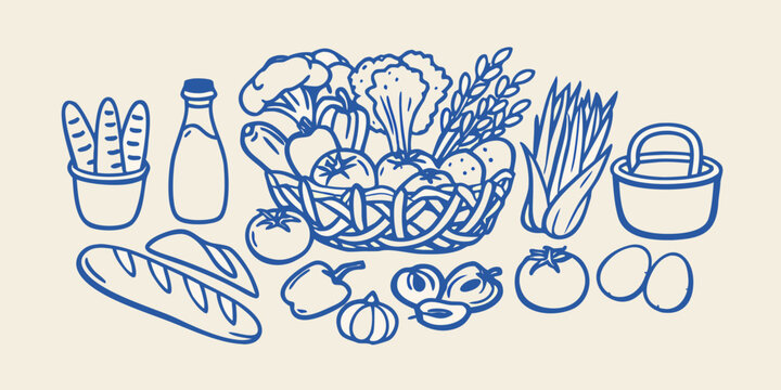 line drawing of fresh produce basket with vegetables and bread high quality professional detailed modern