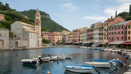 Fototapeta premium Colorful waterfront buildings with boats in a Mediterranean harbor