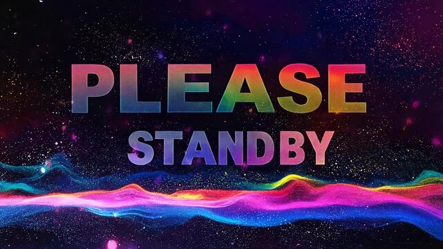 Colorful Please Standby Text Screen with Neon Glowing Wave and Particle Sparkle Background