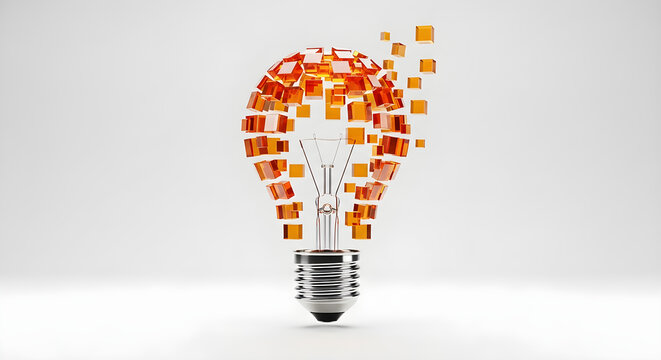 Innovative light bulb constructed from glowing orange glass cubes floating in the air to represent creative business ideas and strategic thinking through modern digital transformation concepts for ent