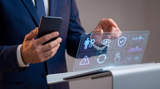 Executive using smartphone with holographic digital touchscreen interface