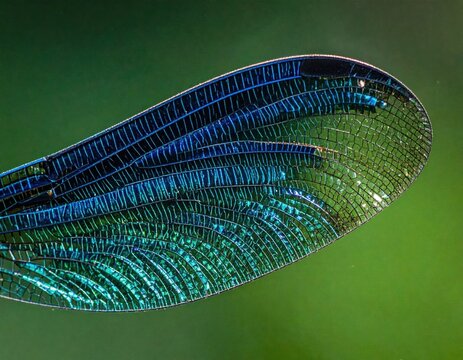 Macro closeup of a translucent iridescent dragonfly wing with intricate venation patterns, shimmering blue and green metallic scales, natural insect anatomy