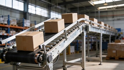 Fototapeta premium Conveyor belt transporting cardboard boxes in a warehouse. The setting is industrial with shelves in the background filled with products.