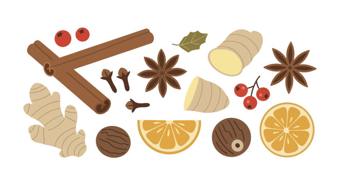 Aromatic Spices and Ingredients for Festive Winter Beverages and Culinary Creations.