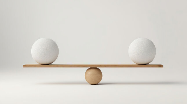 wooden scale balancing a small and a big ball in front white background