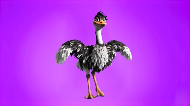 A high-quality 3D animation of an ostrich character with detailed feathers performing a dance routine. Set against a vibrant purple background, this asset is optimized with lip sync for professional v