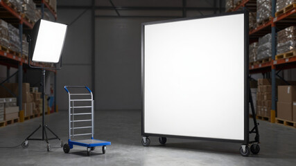 Fototapeta premium Large projection screen with studio lights in warehouse setting presenting professional presentation and visual production concept