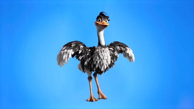 A quirky 3D ostrich character with feathers spread, caught in a mid-dance pose. High-quality bird mascot illustration on a blue background, suitable for humorous branding, animal-themed content, and s
