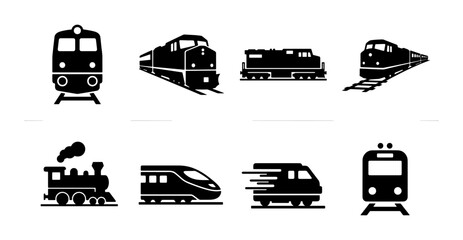 Train icon set with 8 vector silhouettes, locomotive and high-speed railway transport symbols, black steam engine and modern subway train graphics © Rakibul