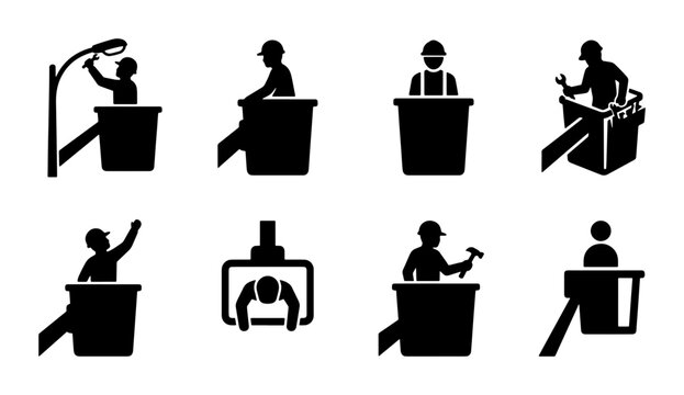 Bucket truck worker icon set, electrician and utility technician silhouettes, 8 industrial maintenance vector symbols for cherry picker operations