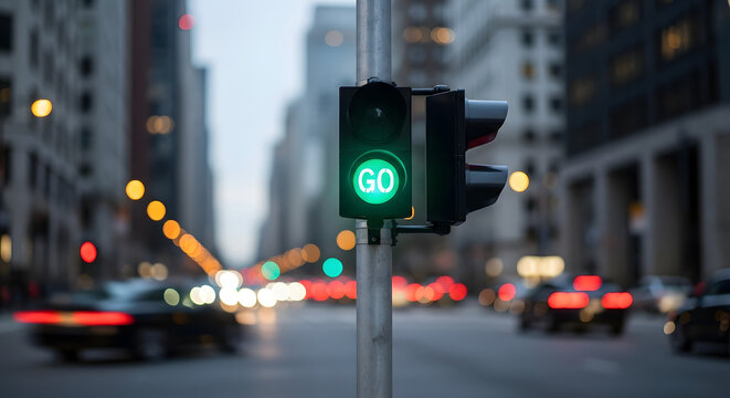 Close up of a green signal sign on a traffic light hanging from its pole on a city road at night when traffic is heavy.