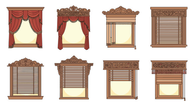 A comprehensive collection of diverse window treatment styles including ornate wooden valances and practical slat blinds displayed on a clean white background studio setting.
