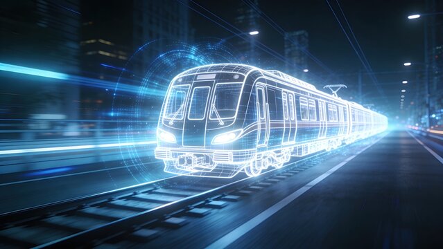 A futuristic train in a city at night, depicted with glowing lines and light trails. The scene emphasizes advanced technology and urban transportation.
