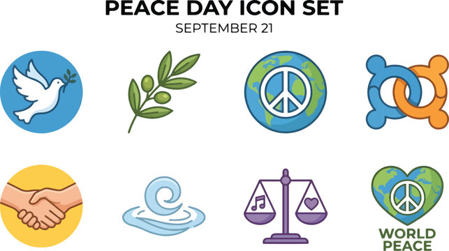 International Day of Peace Icon Set - Peace, Unity, Harmony, Dove Symbol Flat Vector