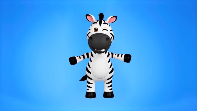A cheerful 3D animated striped zebra character stands on its hind legs and dances joyfully against a solid blue sky backdrop. This pre-keyed moving animal mascot is ideal for educational wildlife apps