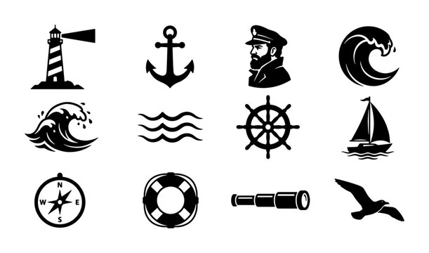 Nautical vintage icons set, 12 black maritime vector symbols, lighthouse and anchor silhouettes, sailor and ocean wave graphics for logo design