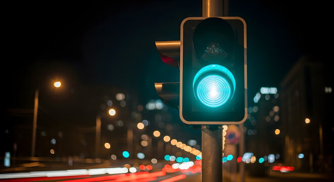 Close up of a green signal sign on a traffic light hanging from its pole on a city road at night when traffic is heavy.