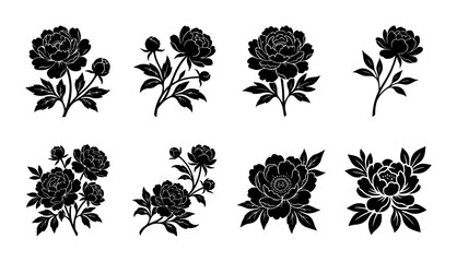 Black peony flower silhouettes, set of 8 botanical vector illustrations. Elegant floral blossom icons with leaves. Minimalist garden plant stencils. © Emon