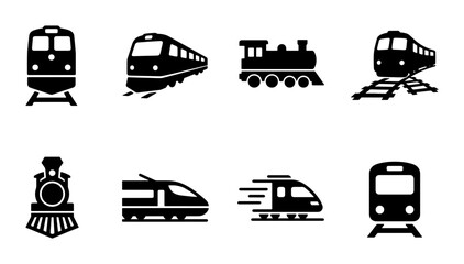 Train icon set with 8 black vector silhouettes, railway transportation symbols, vintage steam engine and modern high speed locomotive graphics © Taslima