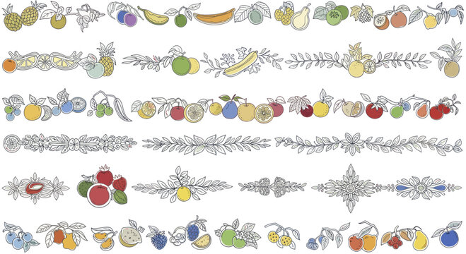 Assorted Fruit and Leaf Borders Decorative Elements.