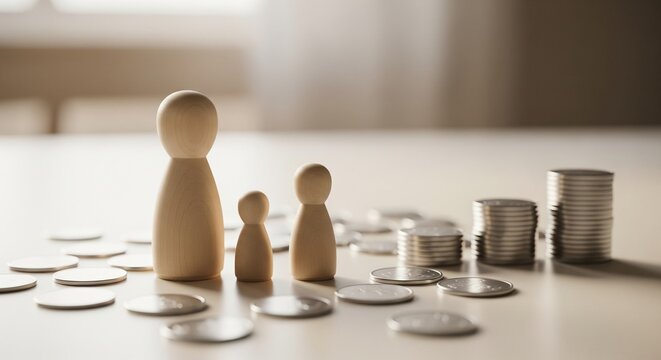Family financial planning with wooden figures and stacked coins, representing savings and investment