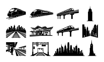 Modern railway transportation icons, high speed train and monorail vector set, urban city skyline and subway station silhouettes for logistics © Emon