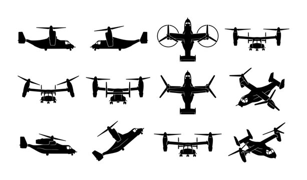Military tiltrotor aircraft silhouettes, set of 12 black vector icons of v-22 osprey style planes, vertical takeoff and landing aviation graphics