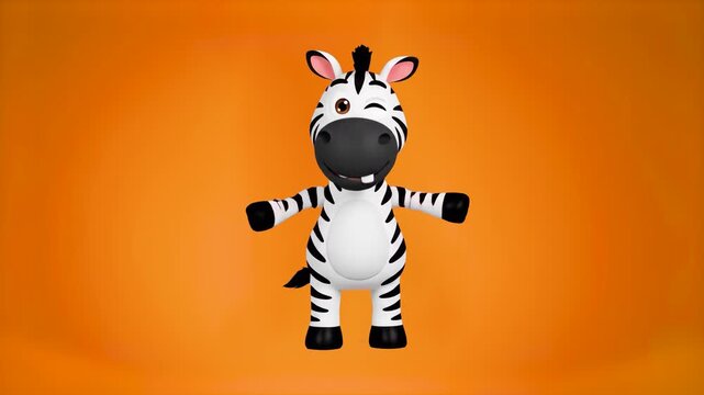 zebra, safari animal, wild animal, character, mascot, cartoon, 3D model, animation, dancing, moving, grooves, happy, smiling, cheerful, cute, winking eye, playful, striped pattern, orange background, 
