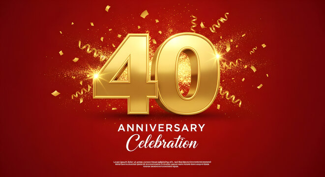 Golden 40th Anniversary Celebration with Confetti and Sparkles on Red Background