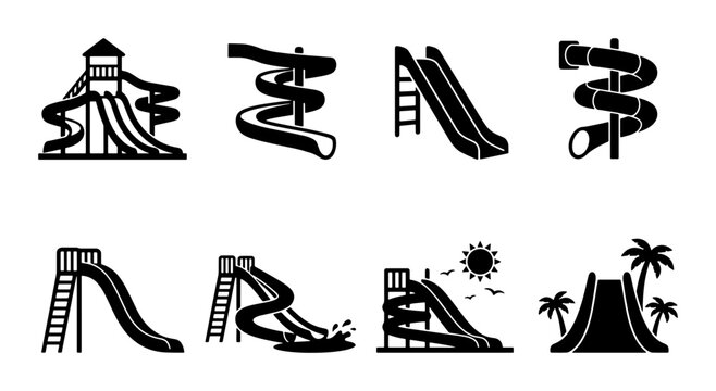 Water park slide icons set, black silhouette waterslide vector collection, 8 aquatic playground elements, summer vacation pool attraction symbols