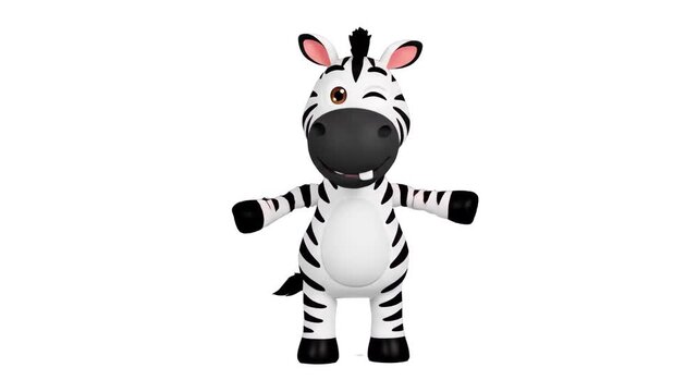 A high-quality 3D rendering of a cute cartoon zebra character winking and spreading its arms in a welcoming gesture over a clean white studio backdrop. Great for commercial product branding, kid-frien