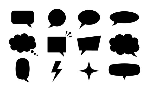 Black speech bubble silhouettes set, comic book chat clouds and thought balloons, 12 vector communication icons for social media and graphic design
