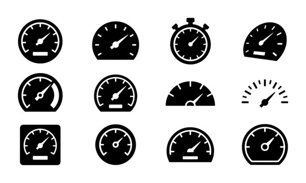 Speedometer icon set with 12 vector elements, black car dashboard gauges and tachometer symbols, performance measurement indicators for web design
