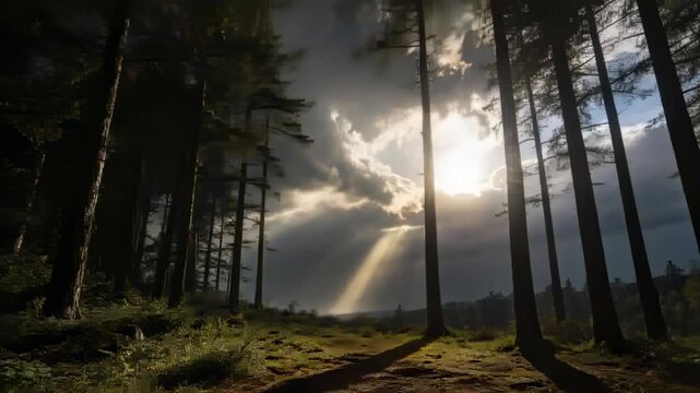 Watching cloud gap widening and sending sunbeams through tall pine trunks onto grassy clearing