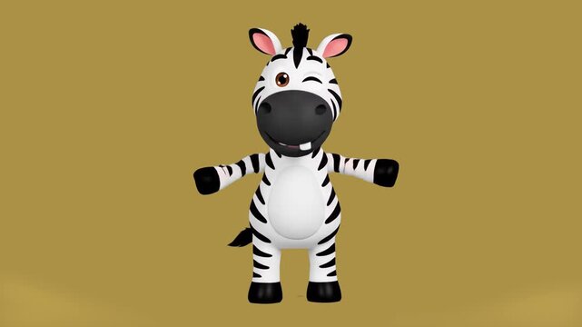 A happy 2D zebra character with a friendly wink and dancing pose. High-quality 2D render on a solid brown studio background, suitable for warm and organic themed projects.