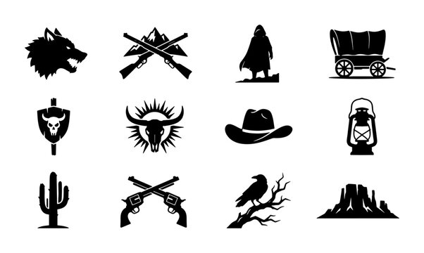 Wild West vintage icons set, 12 black silhouette western elements, cowboy and frontier adventure symbols, rustic desert landscape and weapon vectors