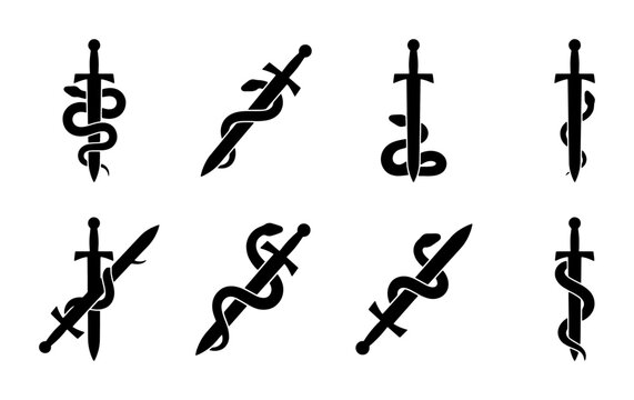 Medieval sword and snake icons, set of 8 black silhouette serpent dagger logos, mystical blade and viper symbols for gaming and tattoo design