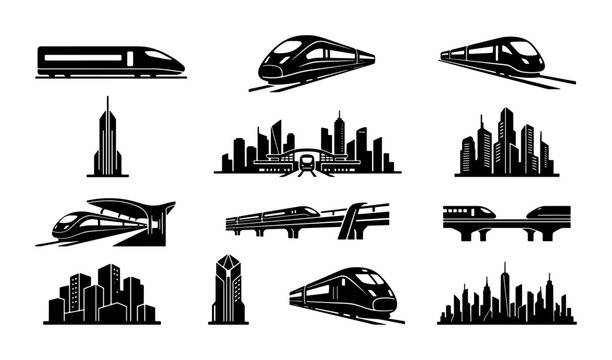 Modern high speed train icons and city skyline silhouettes, 12 black vector elements, urban railway transportation and skyscraper set for logistics
