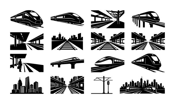 Modern high speed train icons and railway station vectors. Set of 16 black and white locomotive illustrations. Public transport and city subway graphics.