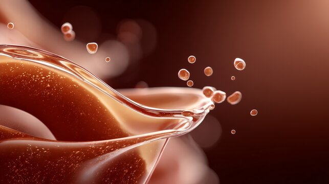 Close-up of liquid splash showcasing rich brown color and bubbles.