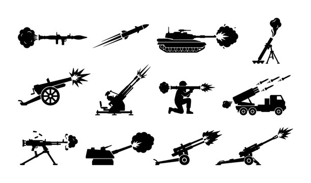 Military artillery and heavy weapon silhouettes, 12 war vehicle and soldier icons, black army combat equipment set for tactical infographics