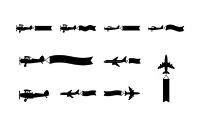 Vintage airplane silhouettes with advertising banners, set of 10 biplane and jet aircraft icons, black flying plane message streamers on white © Mahinul