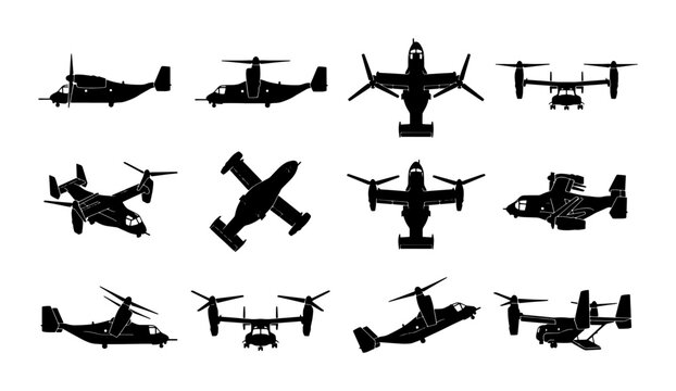 Military tiltrotor aircraft silhouettes, set of 12 v-22 osprey vector icons, vertical takeoff and landing plane illustrations for aviation design