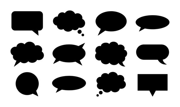 Black speech bubble silhouettes, set of 12 comic chat icons, minimalist thought cloud vector elements, communication dialogue bubbles for web design