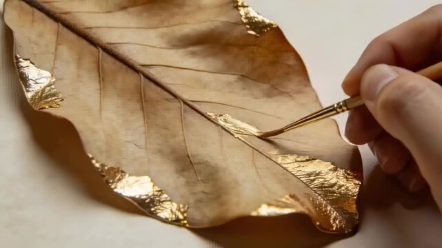 Entering artist right hand brushing gold onto dried leaf on craft table with brush, adding accent