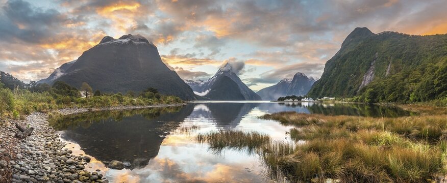 Mitre Peak reflecting in the water, sunset, Milford Sound, Fiordland National Park, Te Anau, Southland Region, Southland, New Zealand